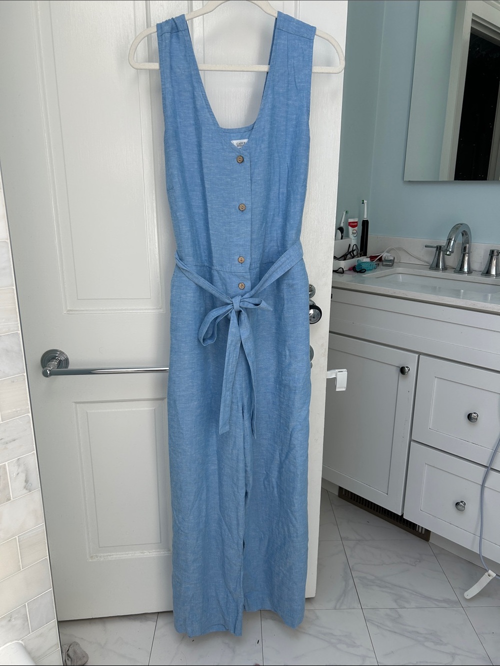 Carve Designs Button-Front Linen Blend Jumpsuit with Tie Waist
